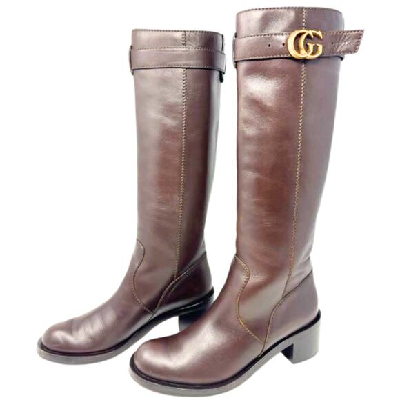 Gucci Boots GG Marmont Gold Logo Dark Brown Leather Zip Knee High Riding EU 37.5 - Picture 1 of 10